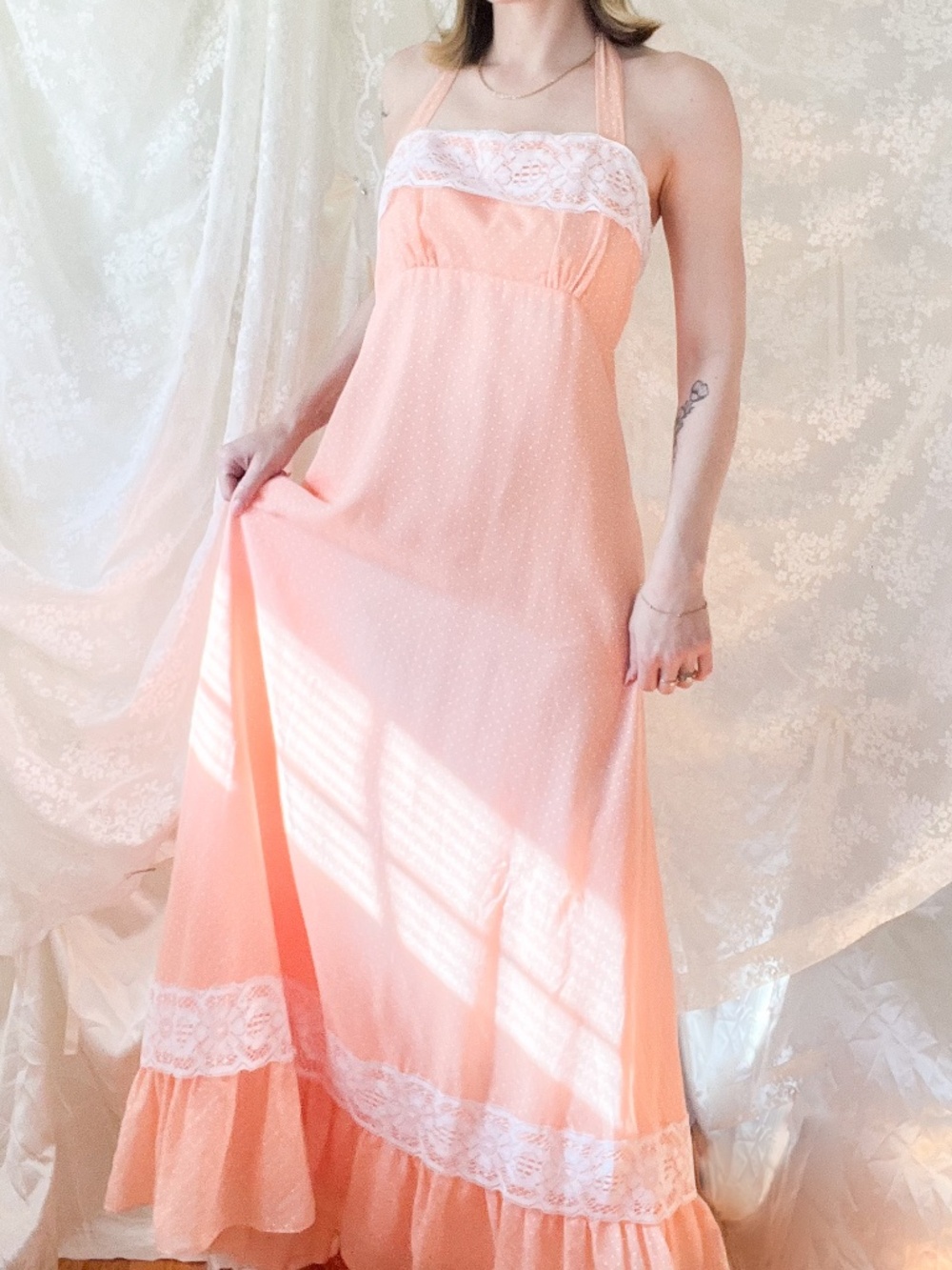 Handmade 1970s Peach Pin Dot Lace Halter Maxi Dress